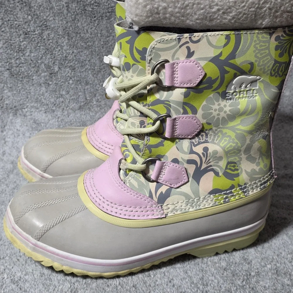 Sorel Sz 5 Pink Green Warm Winter Yoot PAC Snow Boots Floral Lace Up Lined